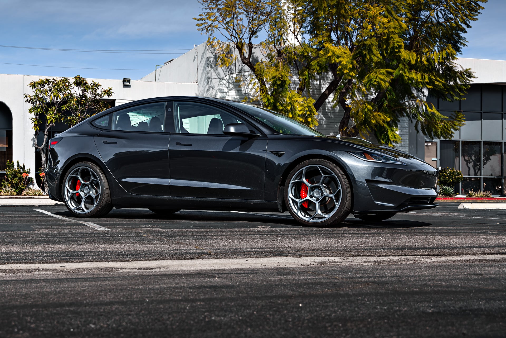 Stealth Grey Tesla Model 3 Performance Highland on 20-Inch UP Forged UP-05 Wheels