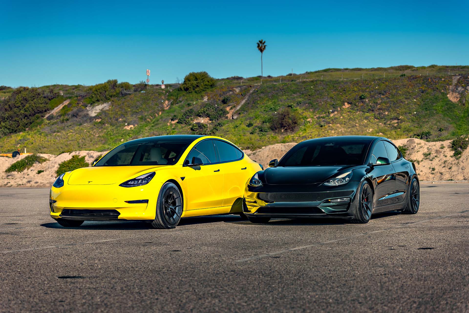 Dark Emerald Metallic Tesla Model 3 Performance Side By Side with Yellow Wrapped Tesla Model 3