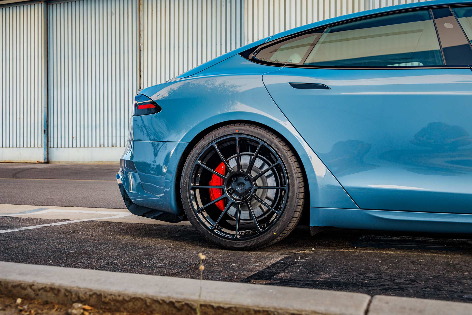 Frost Blue Metallic Tesla Model S Plaid with UP Forged UP-03 Gloss Black Wheels